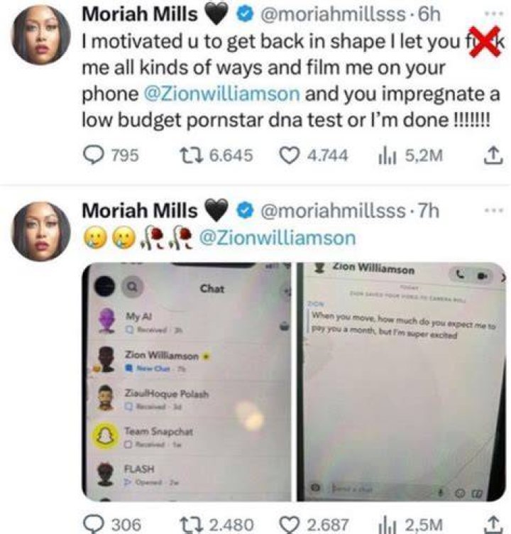 Porn Star Moriah Mills Accuses Zion Williamson of Infidelity August